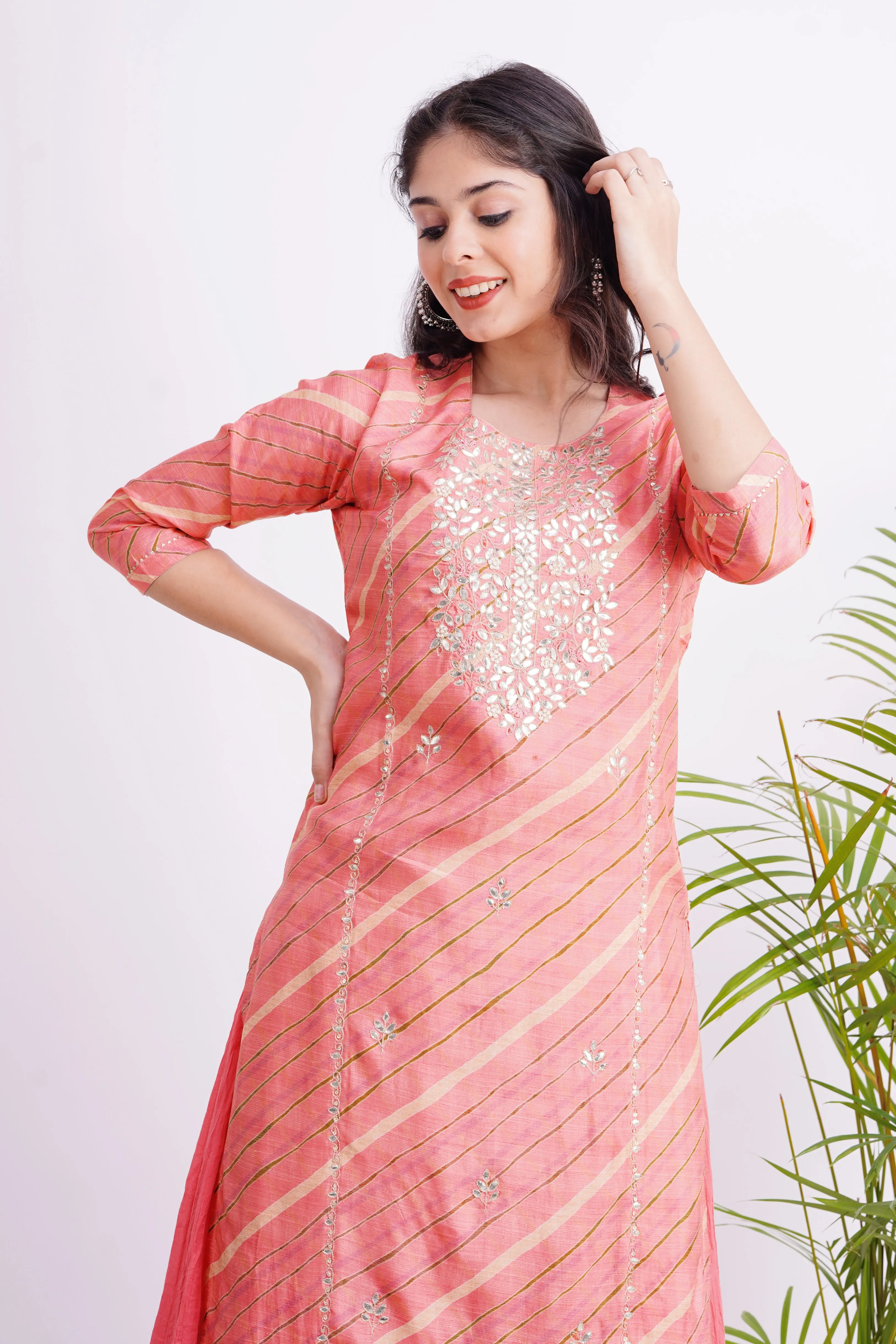 Tissue Peach Leheriya Kurta with Gotta Embroidery Sharara Set