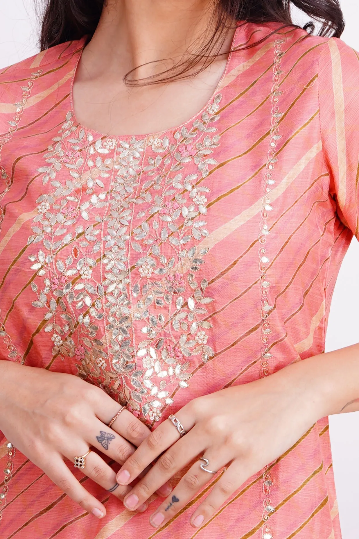 Tissue Peach Leheriya Kurta with Gotta Embroidery Sharara Set