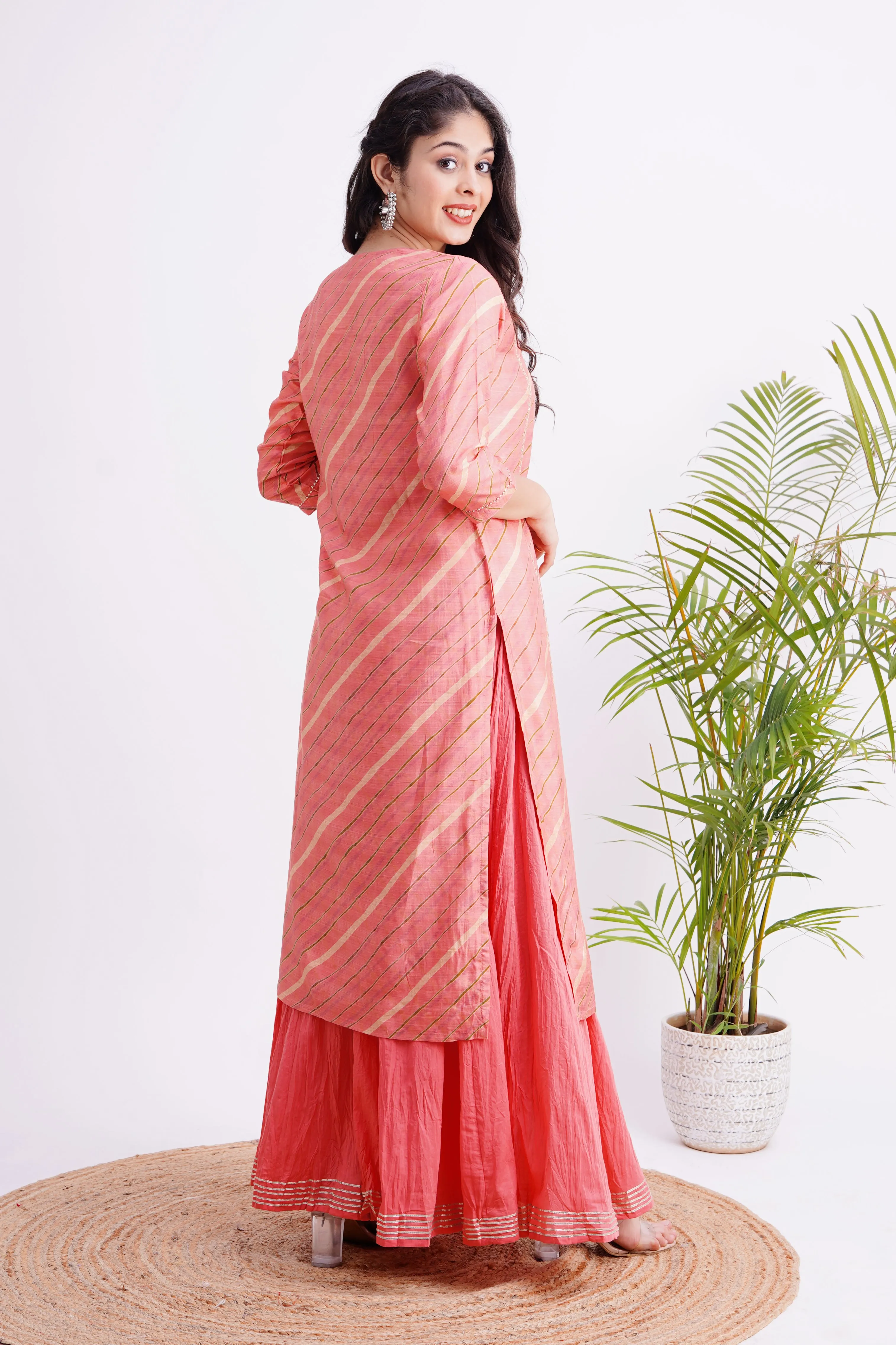 Tissue Peach Leheriya Kurta with Gotta Embroidery Sharara Set