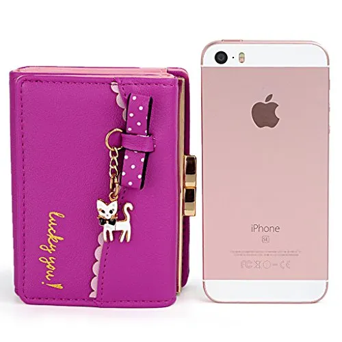 UTO Women's Trifold Wallet Cute Kitty Bowknot Card Holder Small Coin Purse Light Pink