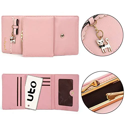 UTO Women's Trifold Wallet Cute Kitty Bowknot Card Holder Small Coin Purse Light Pink