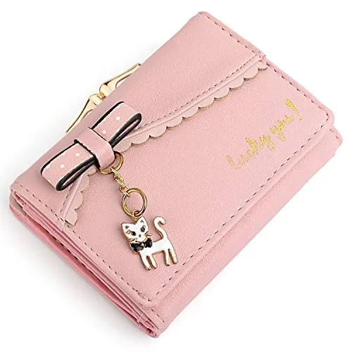 UTO Women's Trifold Wallet Cute Kitty Bowknot Card Holder Small Coin Purse Light Pink