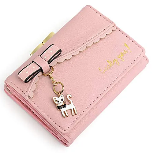 UTO Women's Trifold Wallet Cute Kitty Bowknot Card Holder Small Coin Purse Light Pink