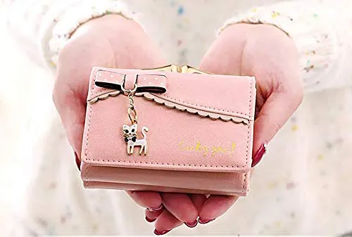 UTO Women's Trifold Wallet Cute Kitty Bowknot Card Holder Small Coin Purse Light Pink