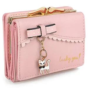UTO Women's Trifold Wallet Cute Kitty Bowknot Card Holder Small Coin Purse Light Pink