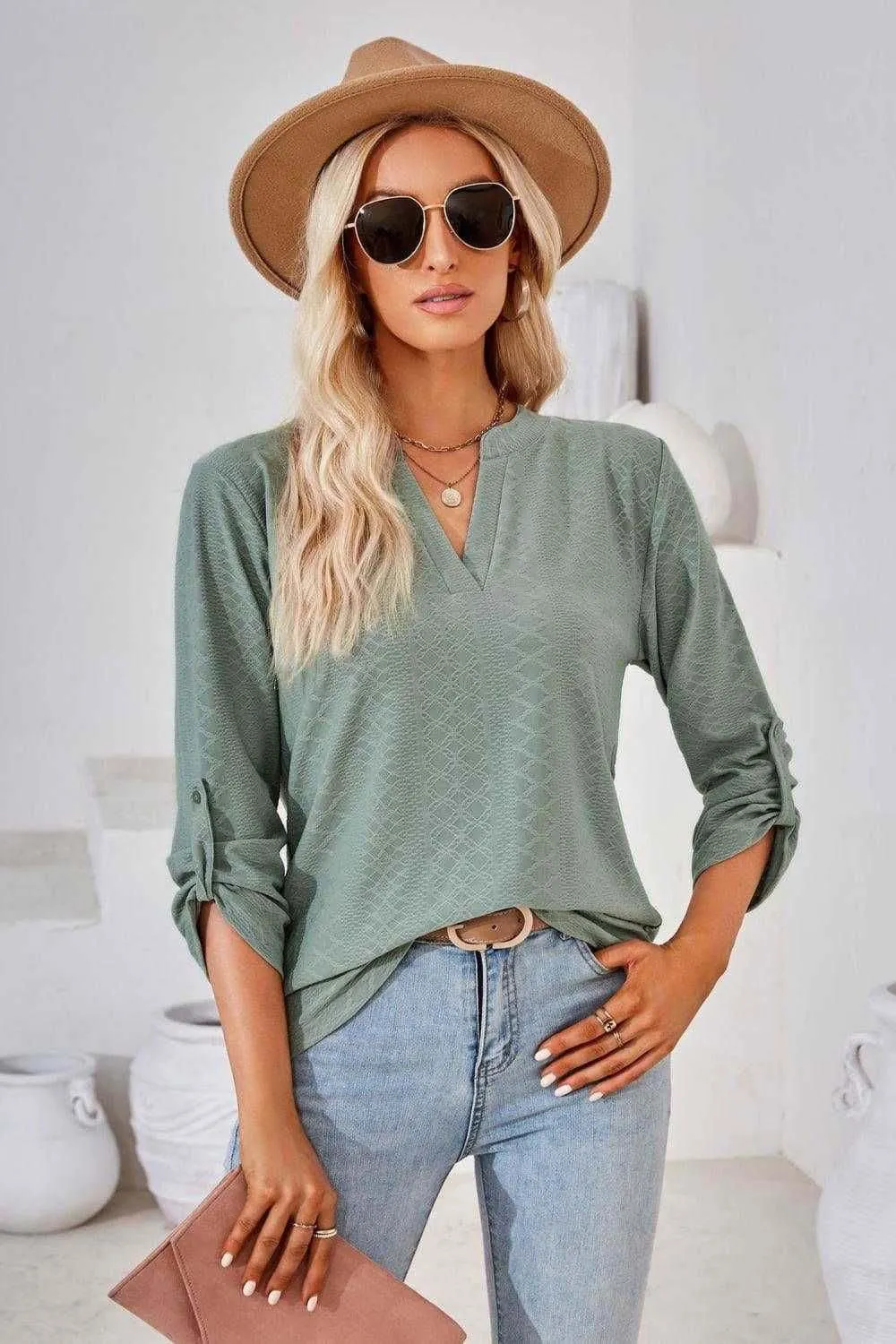 V-Neck Roll-Tap Sleeve Blouse for Casual Style