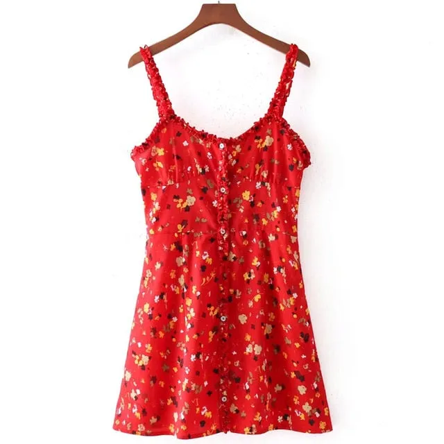 VenusFox Sexy Ruffles Floral Print Summer Dress Strap Bohemian Beach Vintage Red