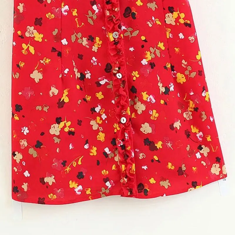VenusFox Sexy Ruffles Floral Print Summer Dress Strap Bohemian Beach Vintage Red