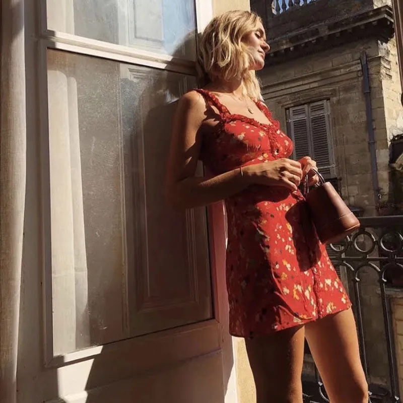 VenusFox Sexy Ruffles Floral Print Summer Dress Strap Bohemian Beach Vintage Red