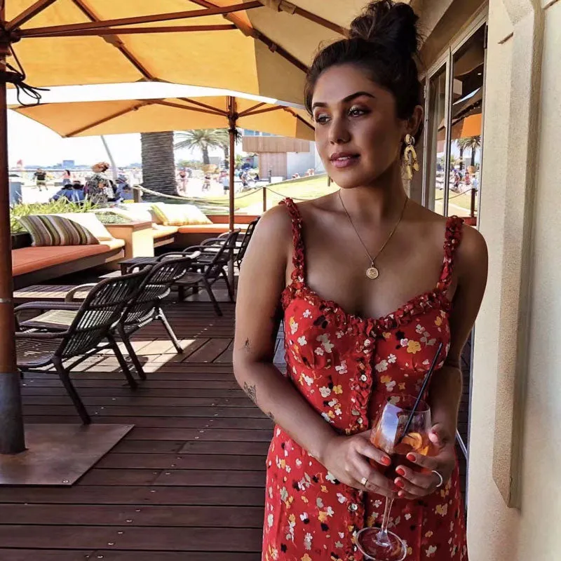 VenusFox Sexy Ruffles Floral Print Summer Dress Strap Bohemian Beach Vintage Red