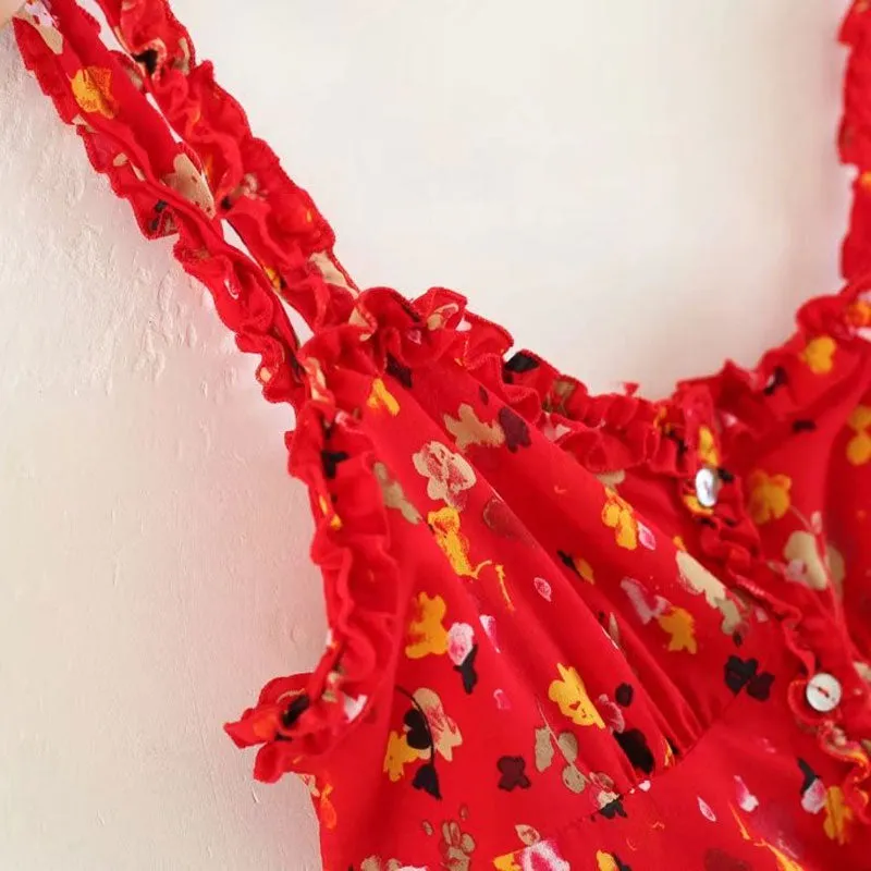 VenusFox Sexy Ruffles Floral Print Summer Dress Strap Bohemian Beach Vintage Red