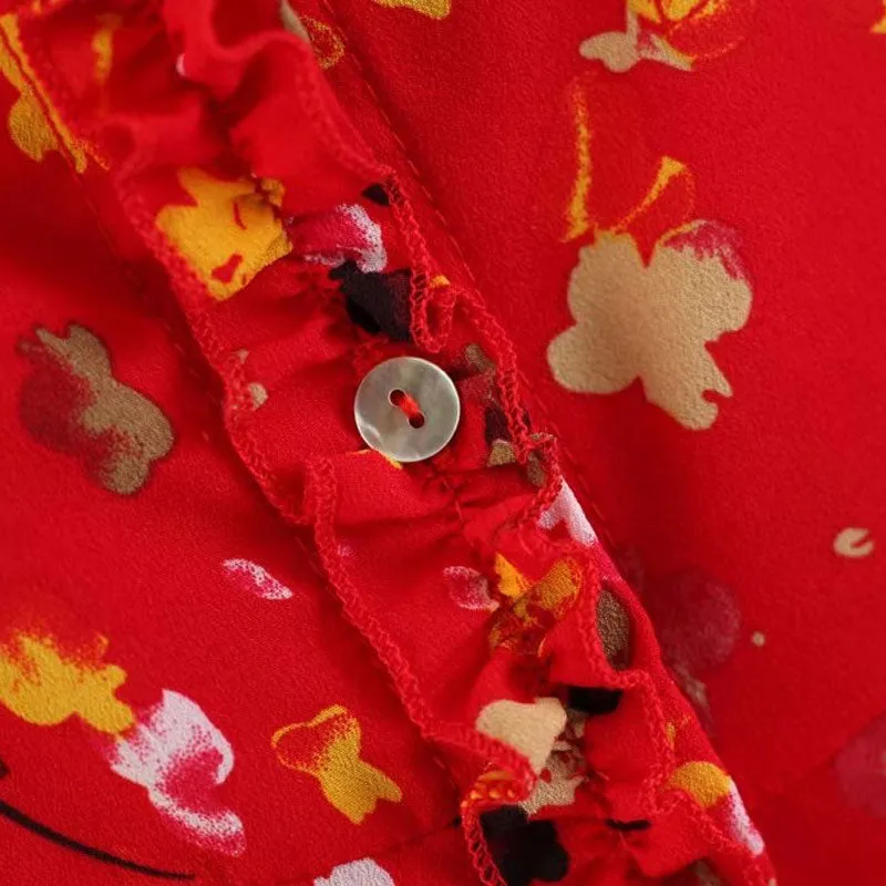 VenusFox Sexy Ruffles Floral Print Summer Dress Strap Bohemian Beach Vintage Red