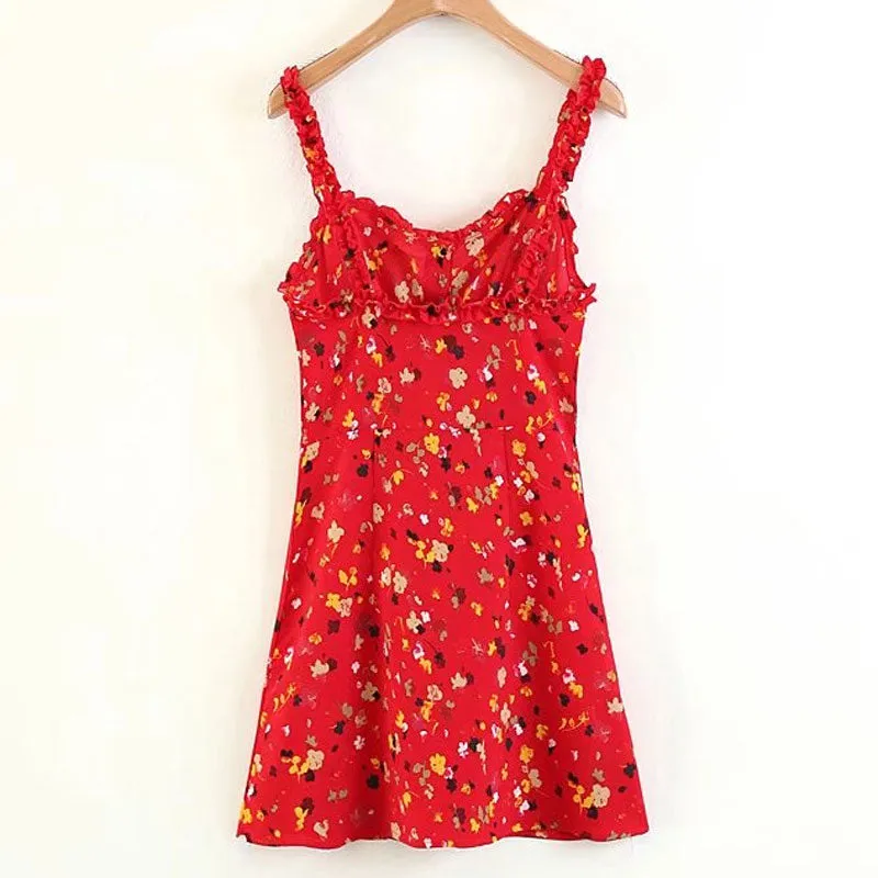 VenusFox Sexy Ruffles Floral Print Summer Dress Strap Bohemian Beach Vintage Red