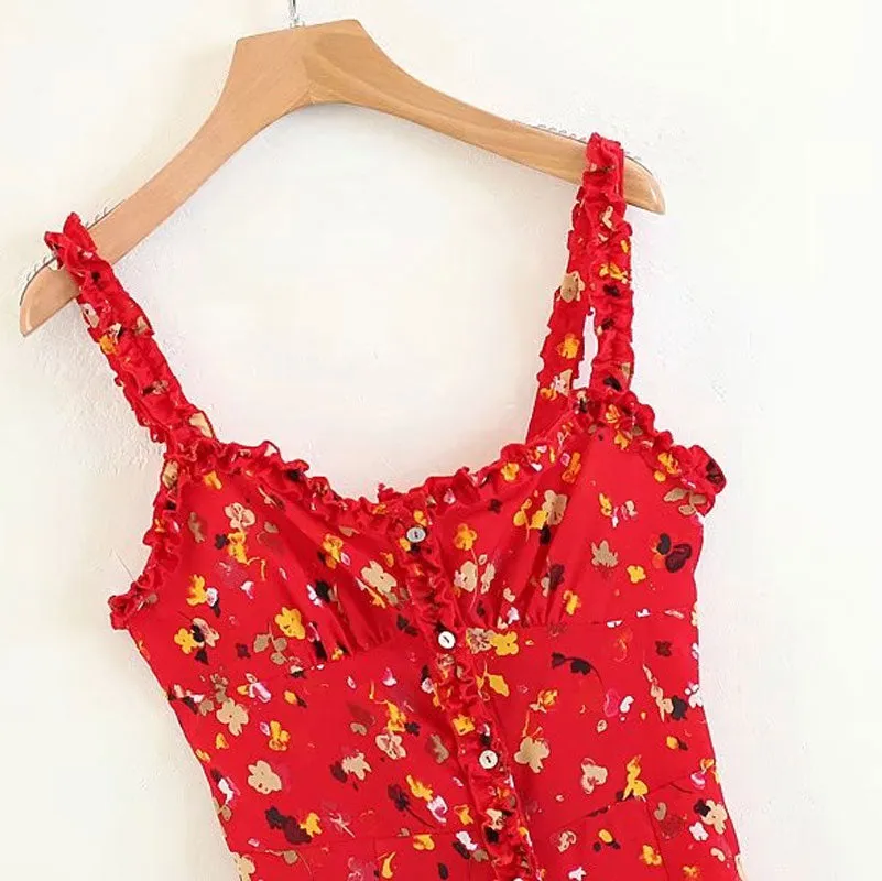 VenusFox Sexy Ruffles Floral Print Summer Dress Strap Bohemian Beach Vintage Red