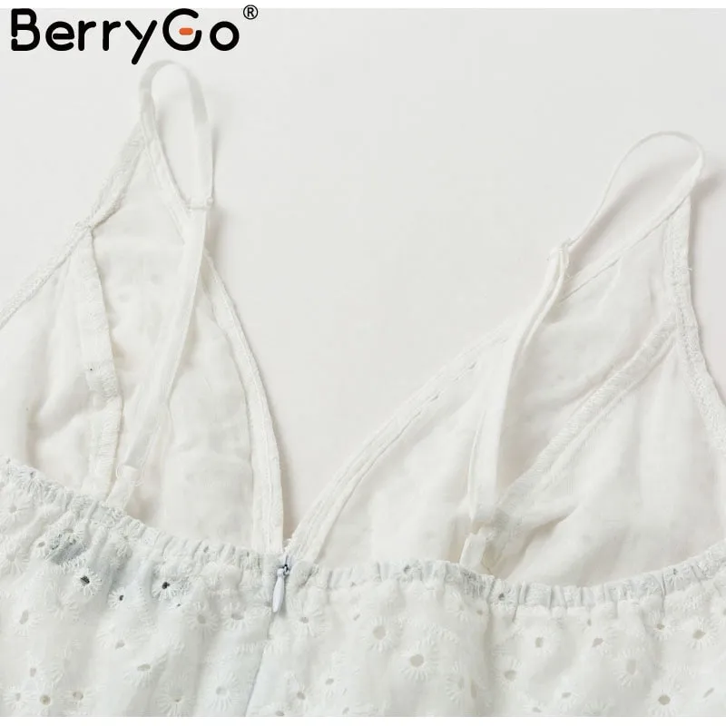VenusFox White pearls sexy Hollow out embroidery cotton dress