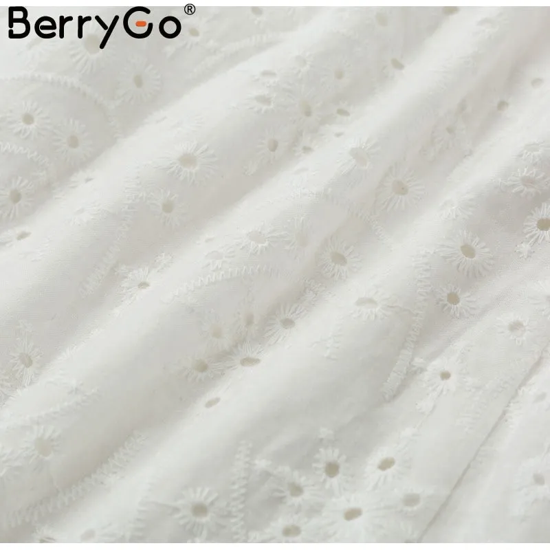 VenusFox White pearls sexy Hollow out embroidery cotton dress