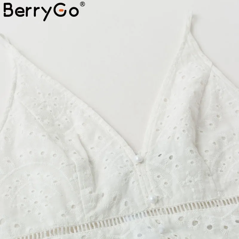 VenusFox White pearls sexy Hollow out embroidery cotton dress