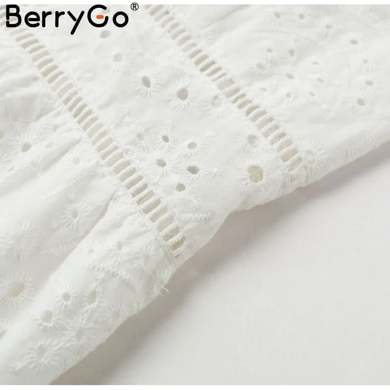 VenusFox White pearls sexy Hollow out embroidery cotton dress