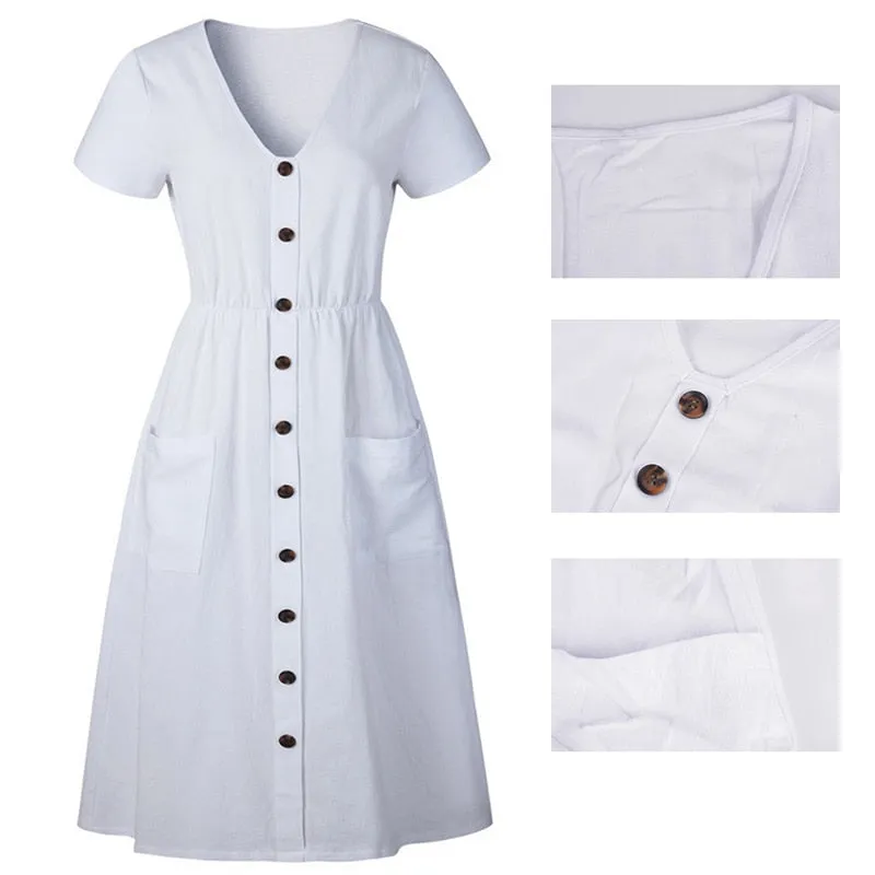VenusFox Women's Summer Classic Short Sleeve V Neck Button Midi Dresses