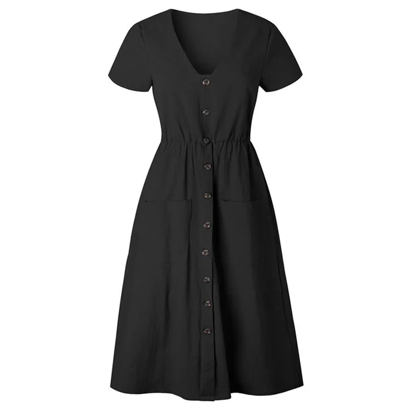 VenusFox Women's Summer Classic Short Sleeve V Neck Button Midi Dresses