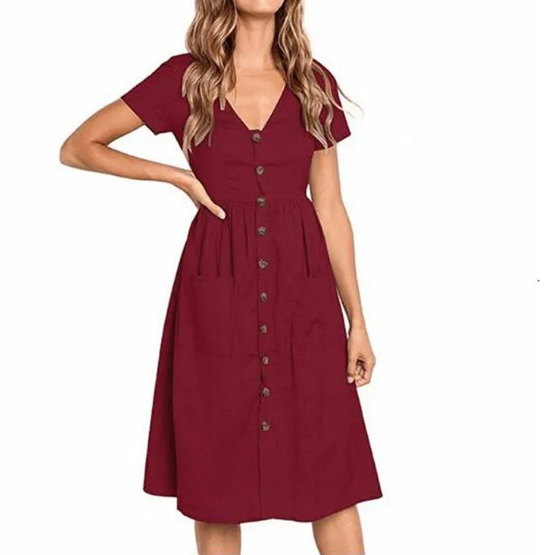 VenusFox Women's Summer Classic Short Sleeve V Neck Button Midi Dresses