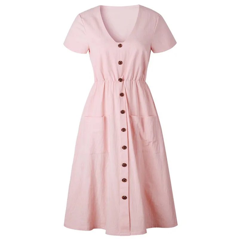 VenusFox Women's Summer Classic Short Sleeve V Neck Button Midi Dresses