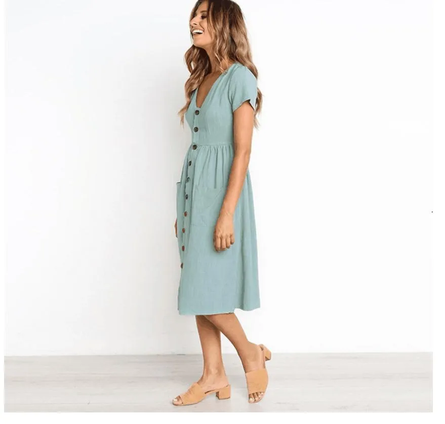 VenusFox Women's Summer Classic Short Sleeve V Neck Button Midi Dresses