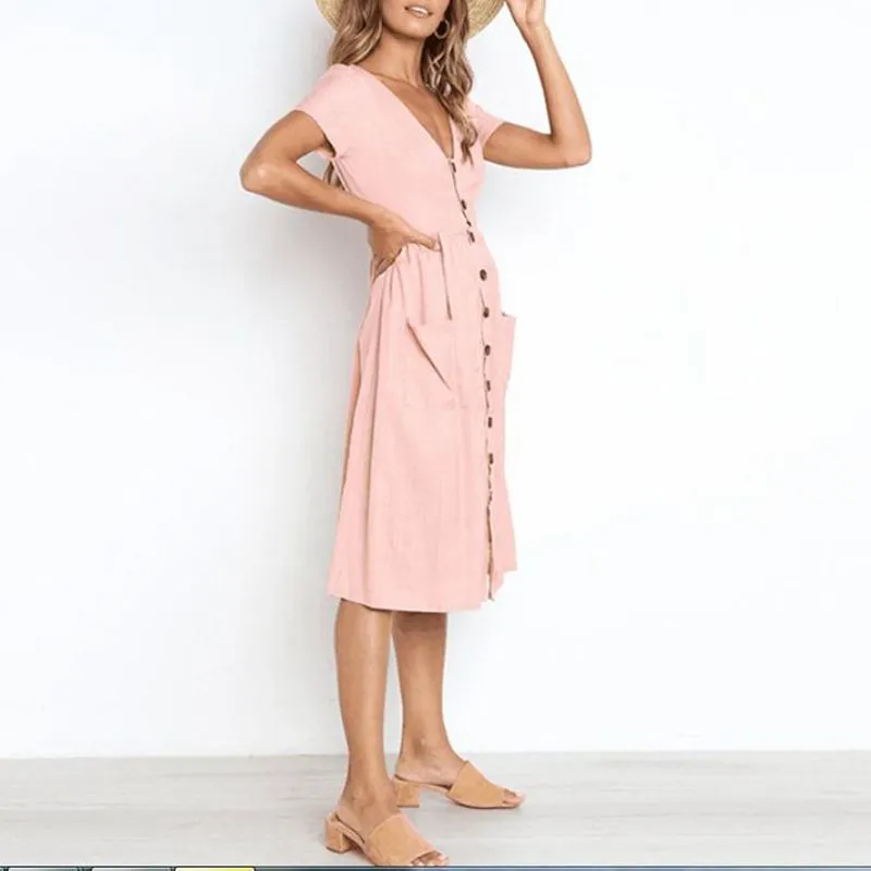 VenusFox Women's Summer Classic Short Sleeve V Neck Button Midi Dresses