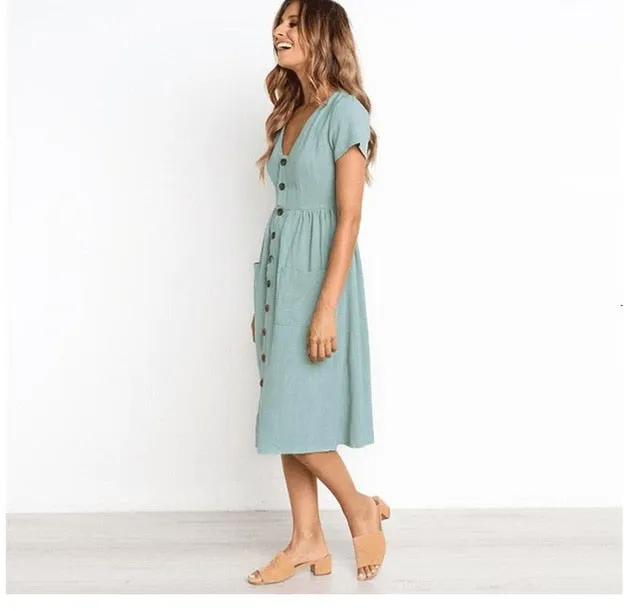 VenusFox Women's Summer Classic Short Sleeve V Neck Button Midi Dresses