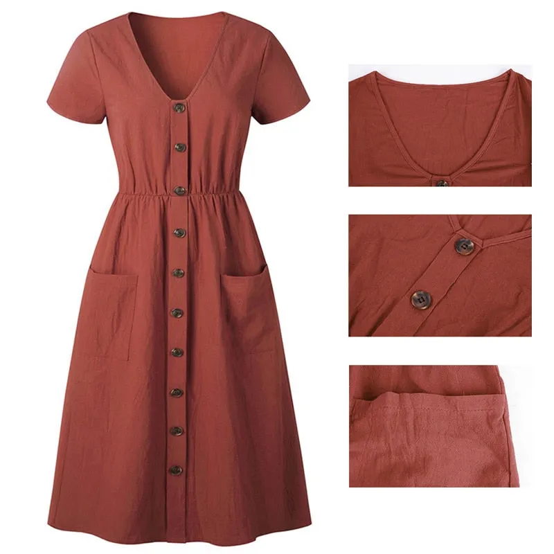 VenusFox Women's Summer Classic Short Sleeve V Neck Button Midi Dresses