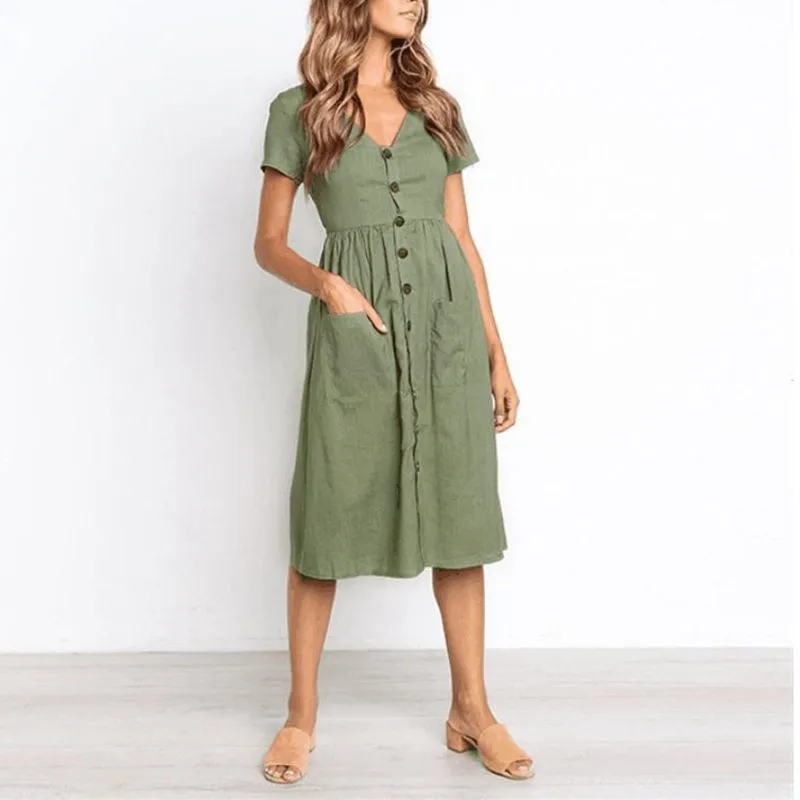 VenusFox Women's Summer Classic Short Sleeve V Neck Button Midi Dresses