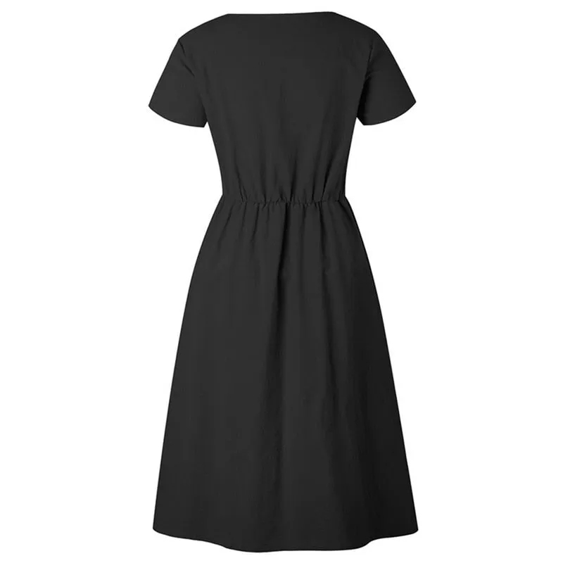 VenusFox Women's Summer Classic Short Sleeve V Neck Button Midi Dresses