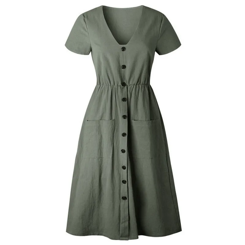 VenusFox Women's Summer Classic Short Sleeve V Neck Button Midi Dresses