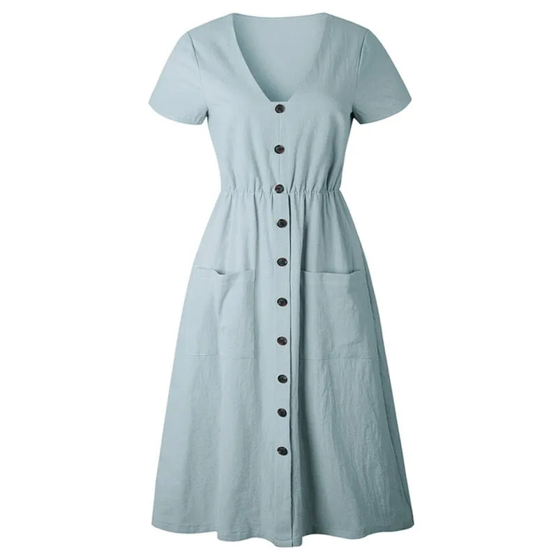 VenusFox Women's Summer Classic Short Sleeve V Neck Button Midi Dresses