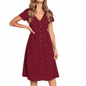 VenusFox Women's Summer Classic Short Sleeve V Neck Button Midi Dresses