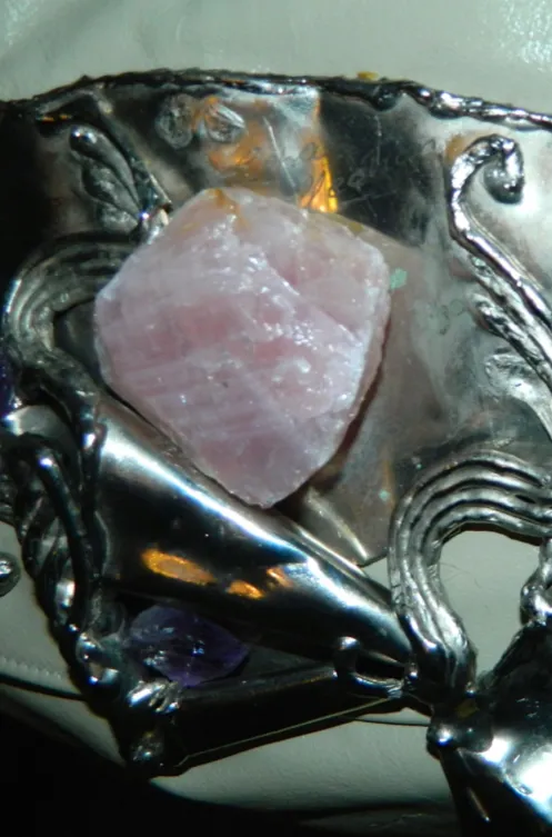 vintage 1970s purse Brutalist metal sculpture Copa Collection bag amethyst rose quartz silver