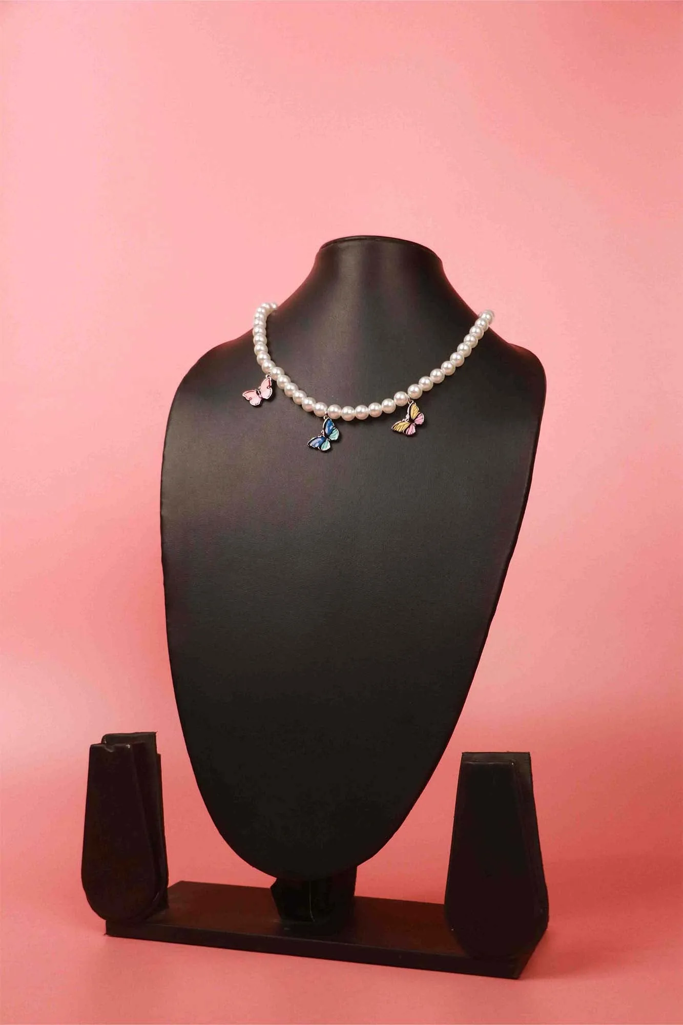 White Gold-Plated Pearl & Butterfly Chain Necklace