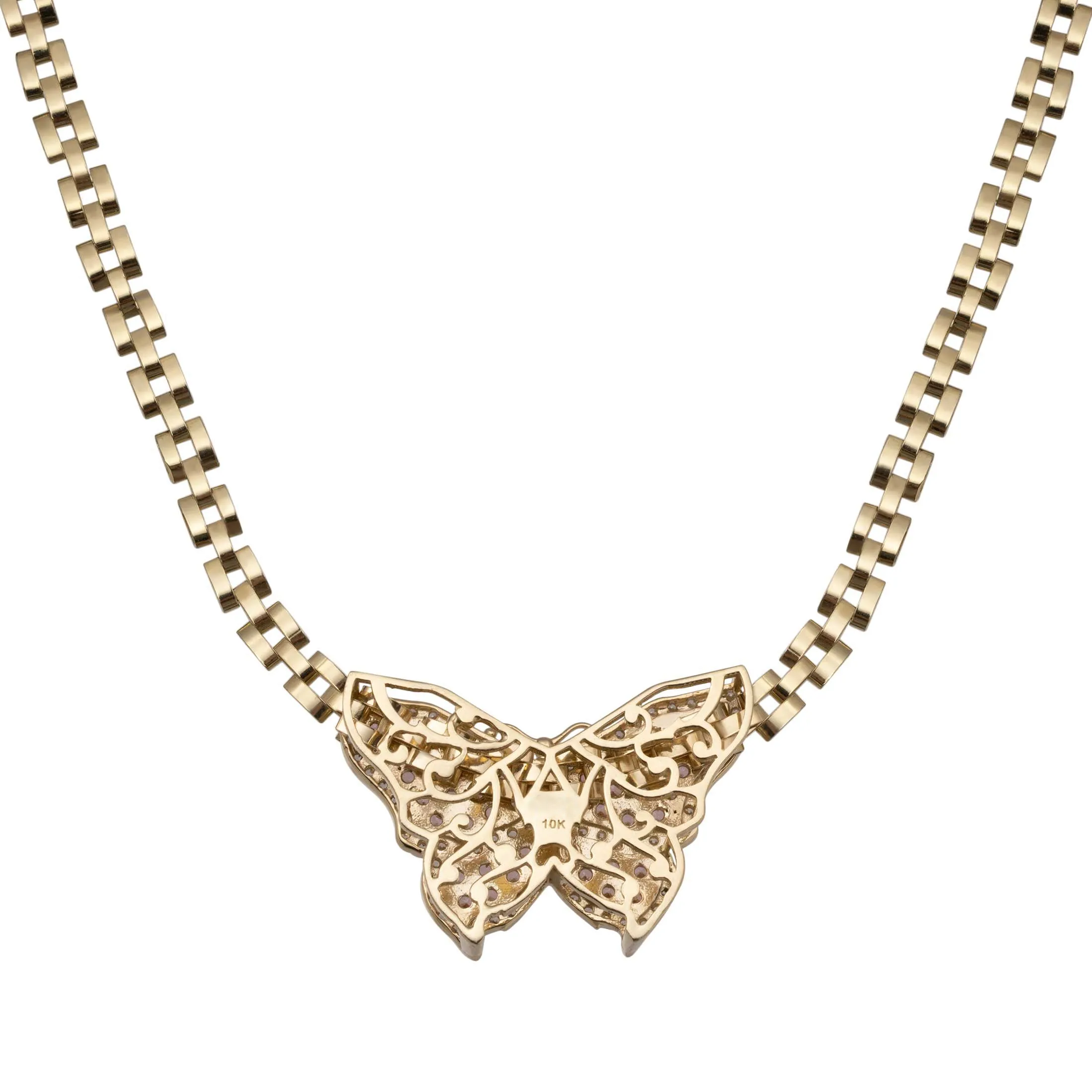 Women's CZ Butterfly Rlx Railroad Chain Necklace 10K Yellow Gold