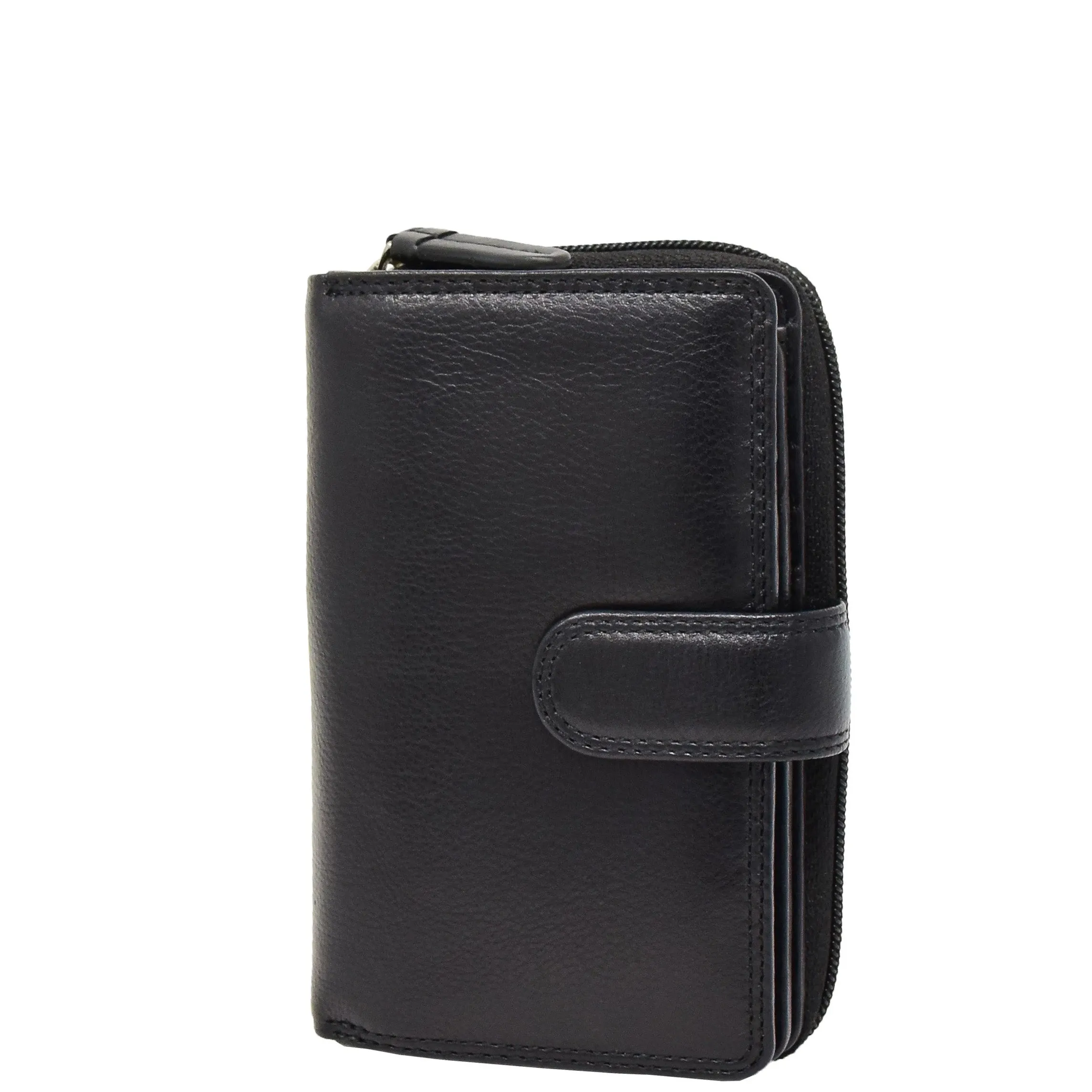 Womens Leather Clutch Wallet Zip Around Purse AV33 Black